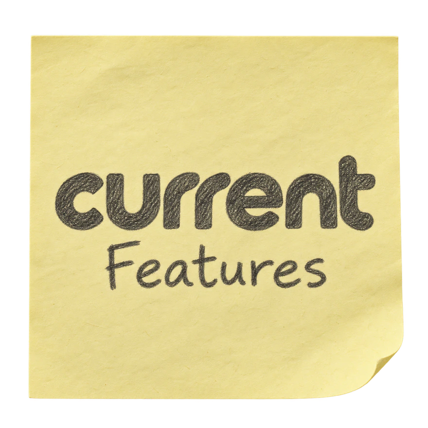 A sticky note with current Features written on it in pencil.