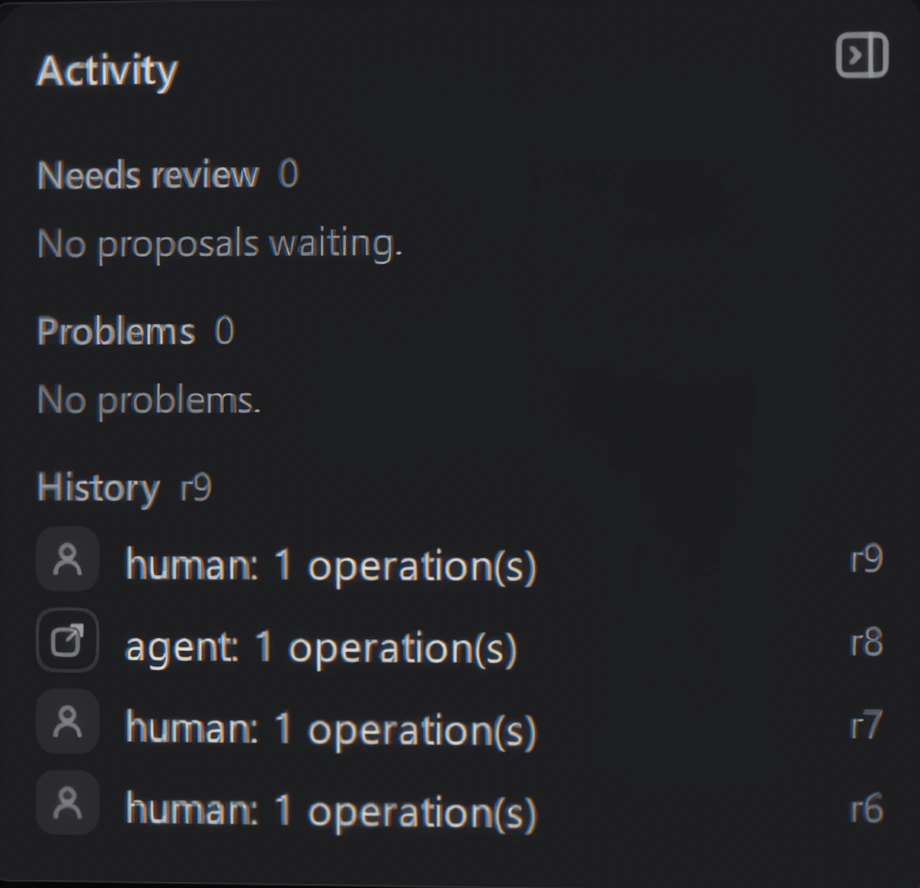 History in the activity panel, listing human and agent operations.