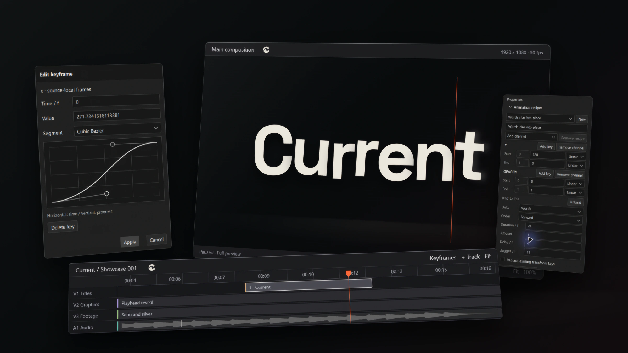 A keyframe editor with a bezier curve next to an animated title in Current.
