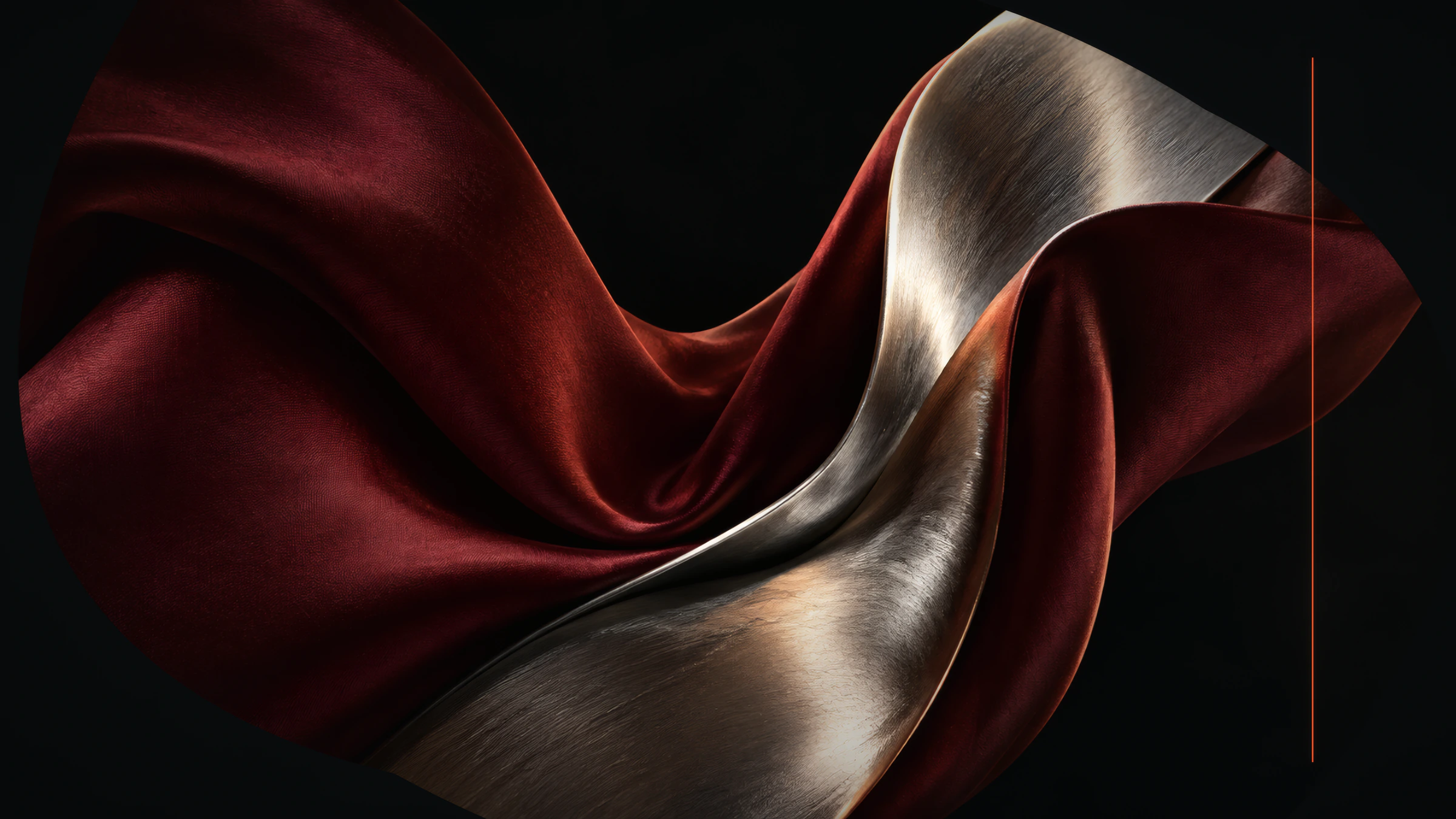 Wine satin and brushed silver revealed through a curved mask.